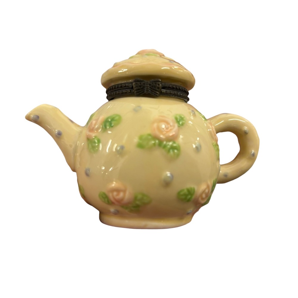 Miniature Porcelain Teapot Trinket Box Pink Roses Polka Dot Hinged Bow Clasp